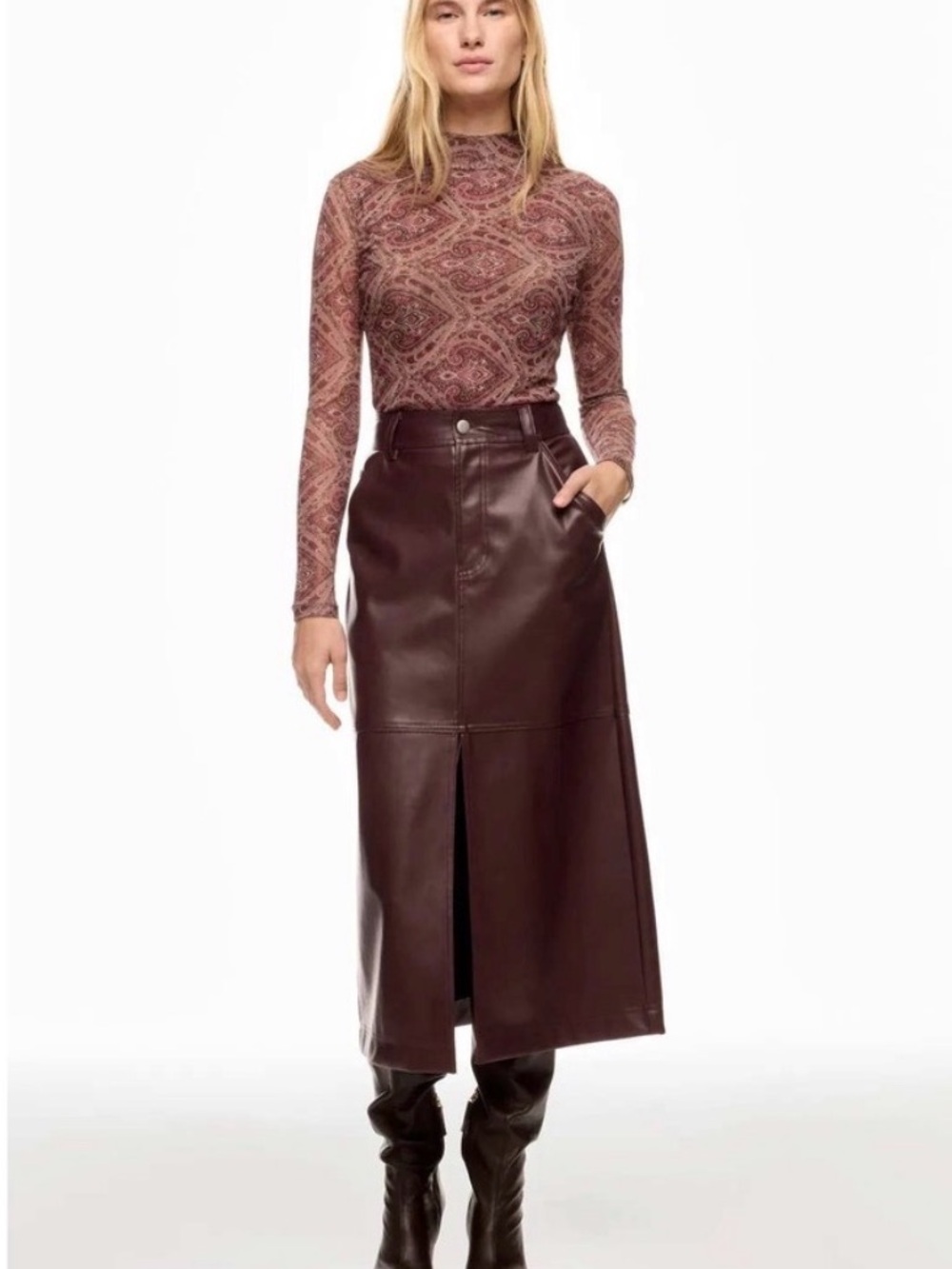 Ronny Kobo Collection Paisley Long-Sleeve Mock Neck Top in Mauve and Brown